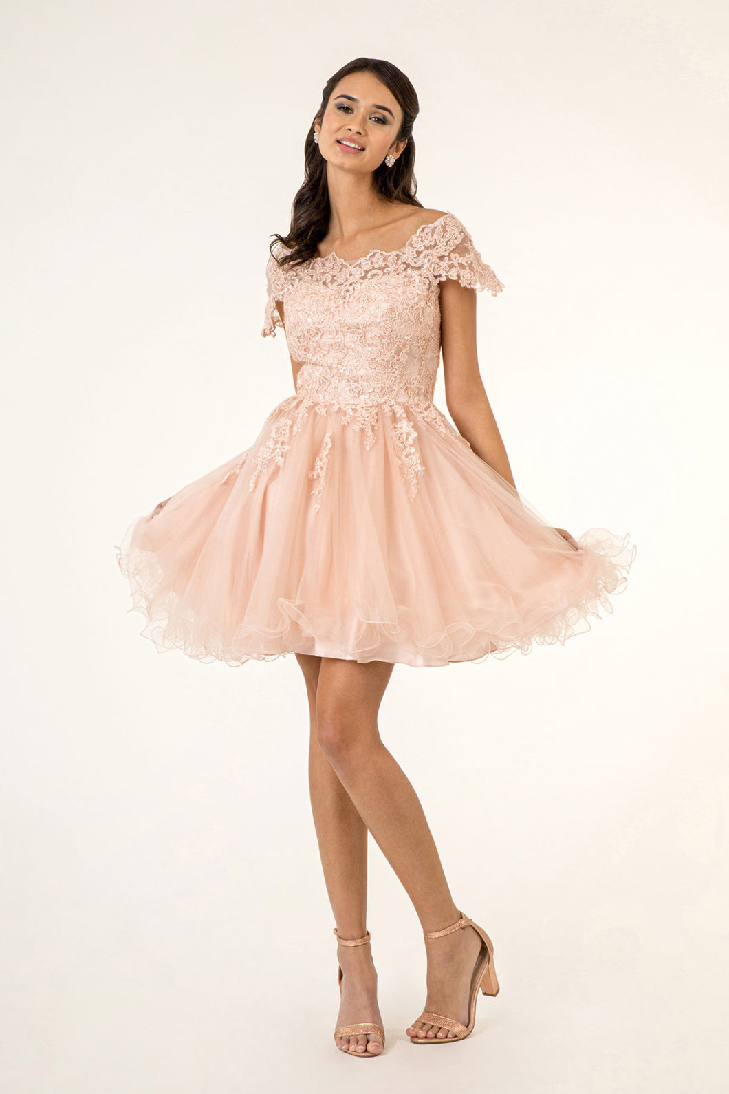 GL GS1953 - Off the Shoulder A-Line Homecoming Dress with Lace Embelli Diggz Formals GL GS1953 - Off the Shoulder A-Line Homecoming Dress with Lace Embelli Diggz Formals