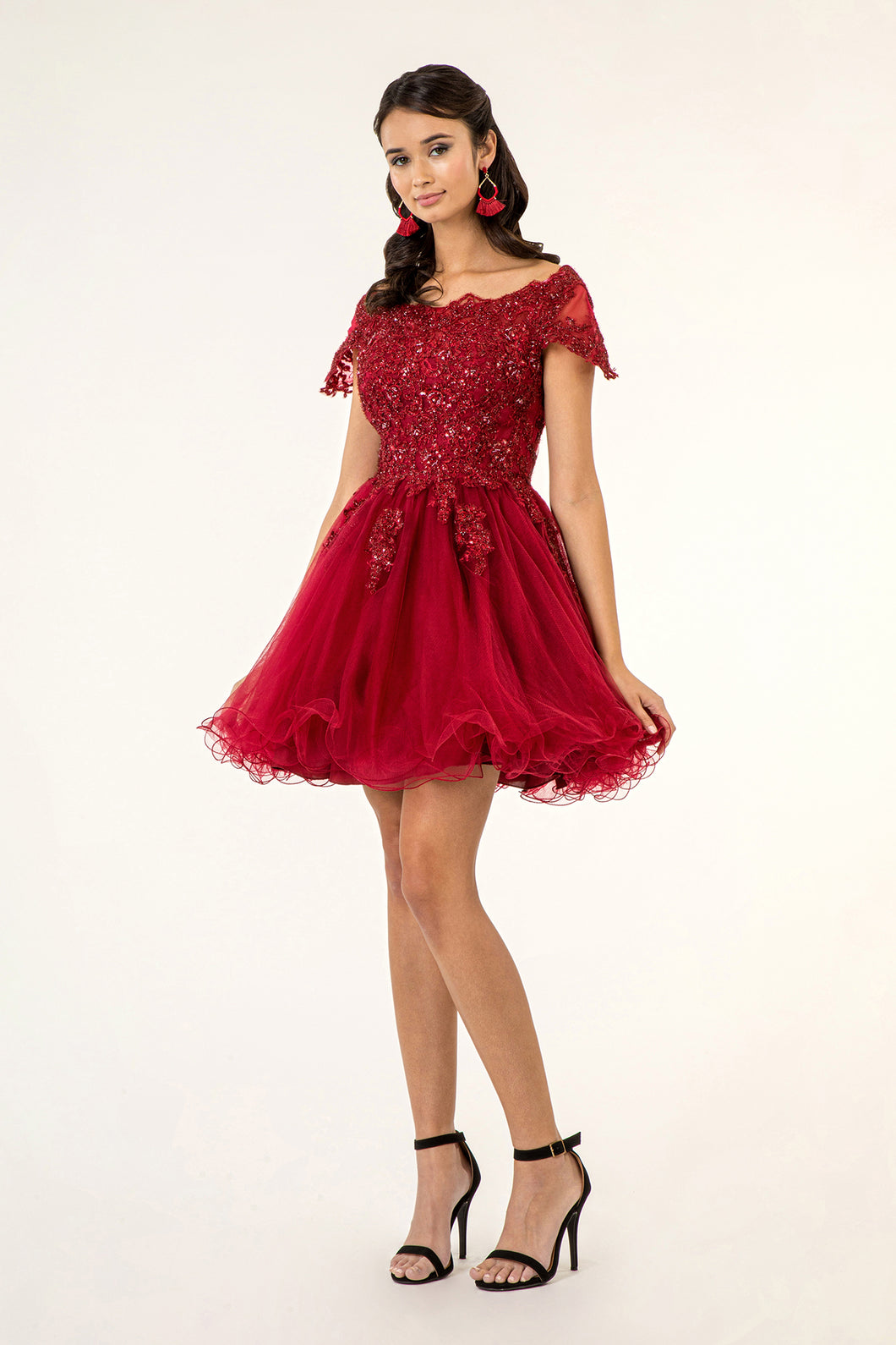 GL GS1953 - Off the Shoulder A-Line Homecoming Dress with Lace Embellished Bodice & Layered Tulle Skirt Homecoming GLS XS BURGUNDY 