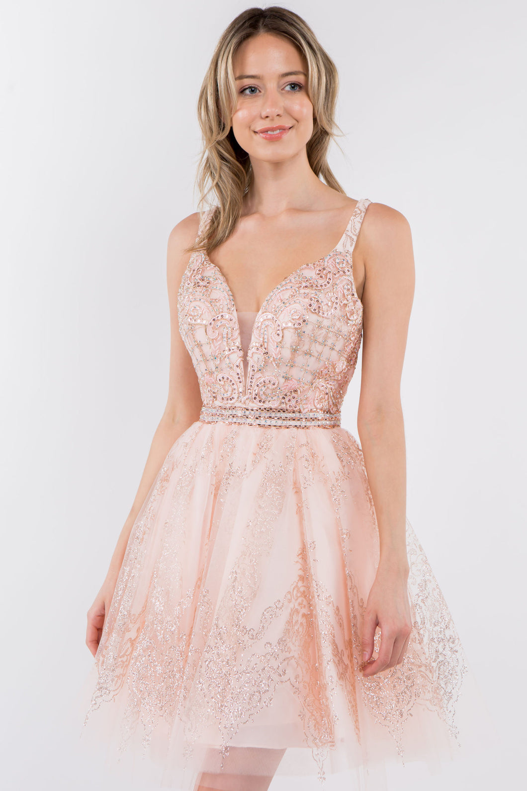 GL 1965 - Short A-Line Homecoming Dress with Beaded Lace Applique V-Ne Diggz Formals GL 1965 - Short A-Line Homecoming Dress with Beaded Lace Applique V-Ne Diggz Formals