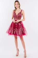 GL 1965 - Short A-Line Homecoming Dress with Beaded Lace Applique V-Neck Bodice & Glitter Print Tulle Skirt Homecoming GLS   
