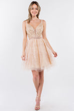 GL 1965 - Short A-Line Homecoming Dress with Beaded Lace Applique V-Neck Bodice & Glitter Print Tulle Skirt Homecoming GLS XS CHAMPAGNE 