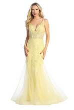 LF 7738 - Shimmer Tulle Fit & Flare Prom Gown with Sheer Beaded Lace Embellished Boned V-Neck Bodice PROM GOWN Let's Fashion L YELLOW 