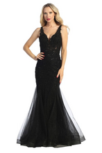LF 7738 - Shimmer Tulle Fit & Flare Prom Gown with Sheer Beaded Lace Embellished Boned V-Neck Bodice PROM GOWN Let's Fashion L BLACK 