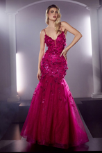 CD CM328 - Shimmer Tulle 3D Floral Appliqué Mermaid Prom Gown  with Open Corset Back PROM GOWN Cinderella Divine 2 MAGENTA 