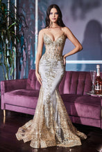 CD J810 - Glitter Print Fit & Flare Prom Gown with Sheer Corset Bodice & Spaghetti Straps Prom Dress Cinderella Divine 2 GOLD MIST 