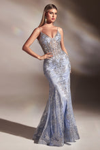 CD J810 - Glitter Print Fit & Flare Prom Gown with Sheer Corset Bodice & Spaghetti Straps Prom Dress Cinderella Divine 2 LIGHT BLUE 