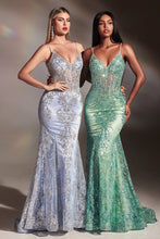 CD J810 B- Glitter Print Fit & Flare Prom Gown with Sheer Corset Bodice & Spaghetti Straps Prom Dress Cinderella Divine 2 SAGE 