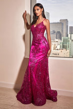 CD J810 - Glitter Print Fit & Flare Prom Gown with Sheer Corset Bodice & Spaghetti Straps Prom Dress Cinderella Divine 4 MAGENTA 