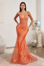 CD J810 B- Glitter Print Fit & Flare Prom Gown with Sheer Corset Bodice & Spaghetti Straps Prom Dress Cinderella Divine 4 NEON ORANGE 