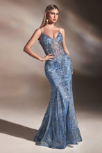 CD J810 B- Glitter Print Fit & Flare Prom Gown with Sheer Corset Bodice & Spaghetti Straps Prom Dress Cinderella Divine 2 PARIS BLUE 