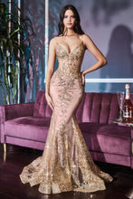 CD J810 - Glitter Print Fit & Flare Prom Gown with Sheer Corset Bodice & Spaghetti Straps Prom Dress Cinderella Divine 2 ROSE GOLD 