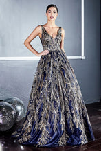 CD J812 - Glitter Print A-Line Prom Gown with V-Neck Bodice Accented Waist Sheer Under Arms & V-Back Prom Dress Cinderella Divine   