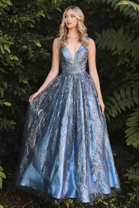 CD J812 - Glitter Print A-Line Prom Gown with V-Neck Bodice Accented Waist Sheer Under Arms & V-Back PROM GOWN Cinderella Divine 10 SMOKY BLUE 