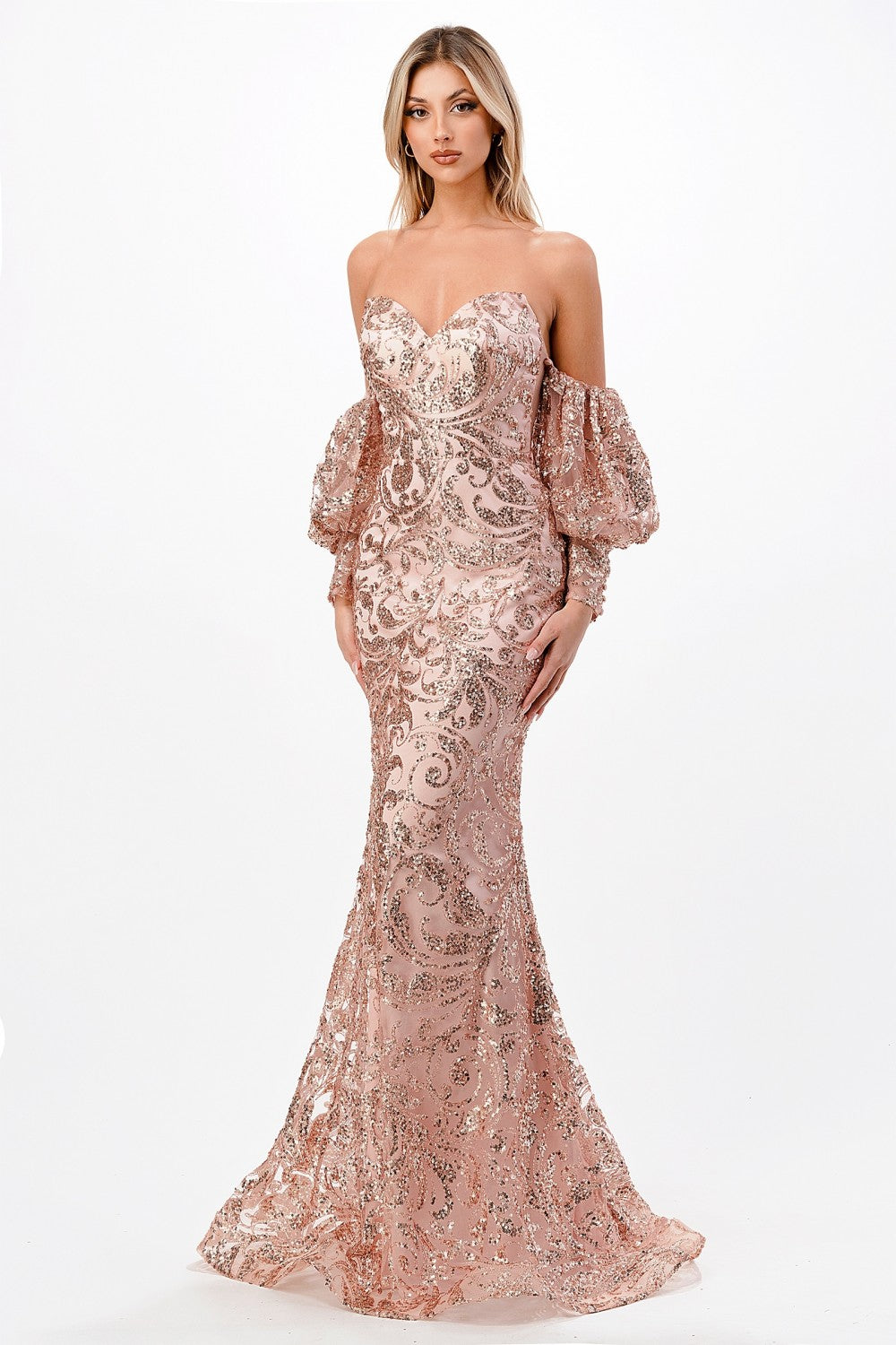 CD J820 - Strapless Glitter Print Fit & Flare Prom Gown with Sweetheart Neck Sheer Underarm Panels & Removable Sleeves Prom Gown Cinderella Divine 6 ROSE GOLD 