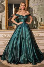 CD J822 - Off the Shoulder Shimmering Organza Ball Gown with Gathered Bodice & Sweetheart Neck PROM GOWN Cinderella Divine 18 EMERALD 
