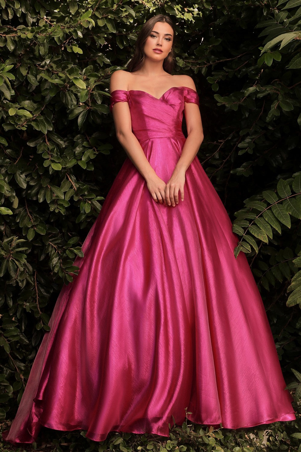 CD J822 - Off the Shoulder Shimmering Organza Ball Gown with Gathered Bodice & Sweetheart Neck PROM GOWN Cinderella Divine 2 FUCHSIA 
