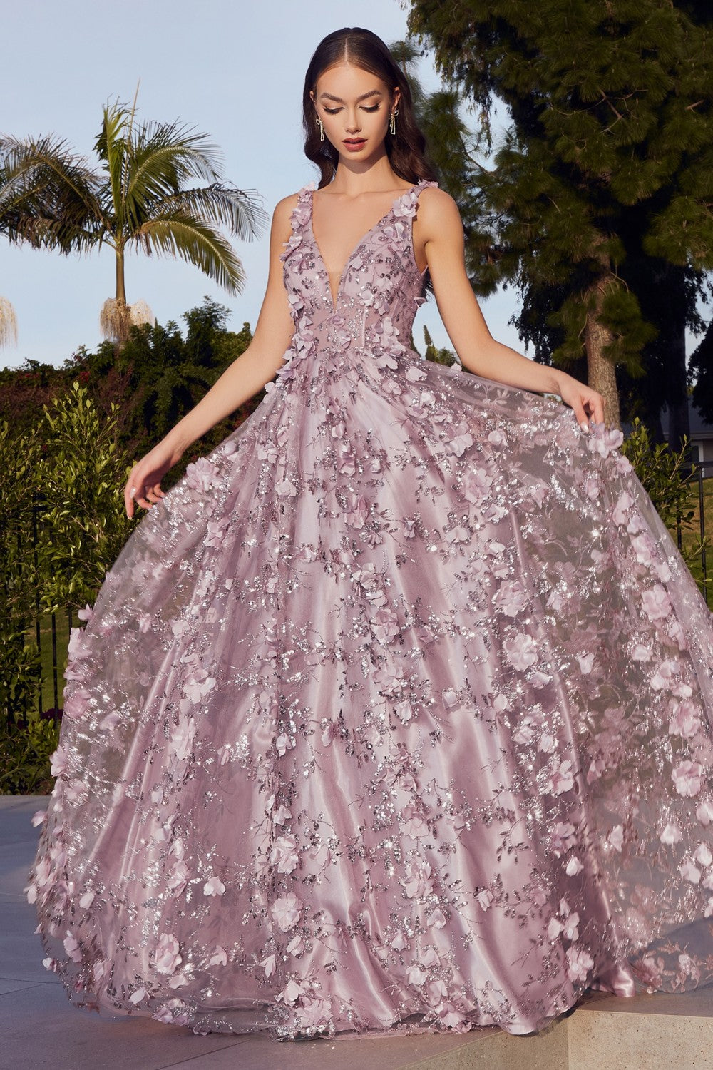 CD J838 - Glitter Print A-Line Prom Gown with 3D floral Applique & Sheer Boned Corset Bodice PROM GOWN Cinderella Divine 4 MAUVE 