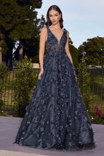 CD J838 - Glitter Print A-Line Prom Gown with 3D floral Applique & Sheer Boned Corset Bodice PROM GOWN Cinderella Divine 4 NAVY 