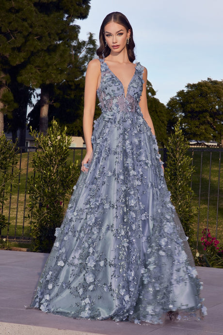 CD J838 - Glitter Print A-Line Prom Gown with 3D floral Applique & Sheer Boned Corset Bodice PROM GOWN Cinderella Divine 6 SMOKY BLUE 