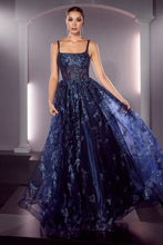 CD J840 - Glitter Print A-Line Prom Gown with Sheer Boned Straight Neckline Bodice PROM GOWN Cinderella Divine 4 NAVY 