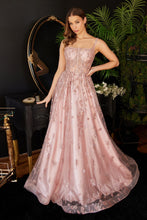 CD J840 - Glitter Print A-Line Prom Gown with Sheer Boned Straight Neckline Bodice PROM GOWN Cinderella Divine 4 ROSE GOLD 