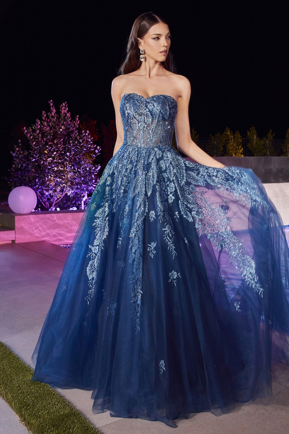 CD J852 - Glitter Print over Shimmering Tulle A-Line Prom Gown with Sheer Boned Bodice & Lace Up Corset Back PROM GOWN Cinderella Divine 2 LAPIS-BLUE 