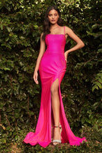 CD KV1063 - Rhinestone Embellished Stretch Satin Fit & Flare Prom Gown with Scoop Neck Lace Up Corset Back & Leg Slit PROM GOWN Cinderella Divine 2 NEON FUCHSIA 