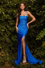 CD KV1063 - Rhinestone Embellished Stretch Satin Fit & Flare Prom Gown with Scoop Neck Lace Up Corset Back & Leg Slit PROM GOWN Cinderella Divine 8 ROYAL BLUE 