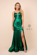 N M413 - Metallic Fit & Flare Prom Gown with Mock Lace Up Bodice Lace Up Corset Back & Leg Slit Dresses Nox   
