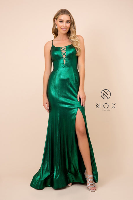 N M413 - Metallic Fit & Flare Prom Gown with Mock Lace Up Bodice Lace Up Corset Back & Leg Slit PROM GOWN Nox   