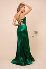 N M413 - Metallic Fit & Flare Prom Gown with Mock Lace Up Bodice Lace Up Corset Back & Leg Slit Dresses Nox 6 Green 