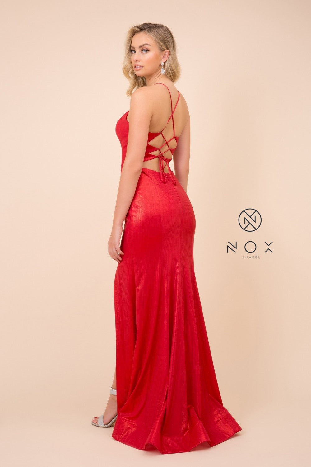 N M413 - Metallic Fit & Flare Prom Gown with Mock Lace Up Bodice Lace Up Corset Back & Leg Slit Dresses Nox 4 Red 