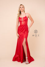 N M413 - Metallic Fit & Flare Prom Gown with Mock Lace Up Bodice Lace Up Corset Back & Leg Slit PROM GOWN Nox 4 Red 