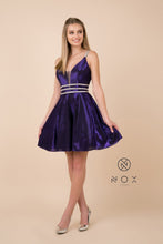 N M684 - Short Metallic Homecoming Dress with Illusion V-Neck Jeweled Waistband & Pockets Homecoming Nox S PURPLE 