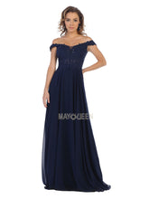 MQ 1602 B - Off the Shoulder A-Line Prom Gown with Sheer Lace Embellished Bodice Corset Back & Flowy Chiffon Skirt Prom Dress Mayqueen 16 NAVY 
