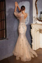 CD OC009 - Metallic Glitter Fit & Flare Prom Gown with Bead Accented Scroll Print 3/4 Sleeves & Sheer Boned  V-Neck Bodice Mother of the Bride Cinderella Divine 10 CHAMPAGNE 