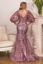 CD OC009 - Metallic Glitter Fit & Flare Prom Gown with Bead Accented Scroll Print 3/4 Sleeves & Sheer Boned  V-Neck Bodice Mother of the Bride Cinderella Divine   