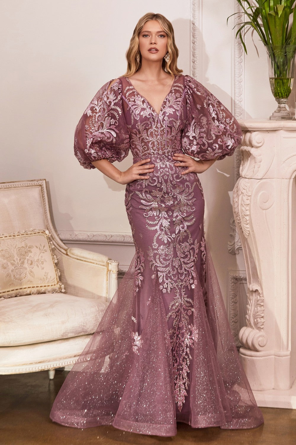 CD OC009 - Metallic Glitter Fit & Flare Prom Gown with Bead Accented Scroll Print 3/4 Sleeves & Sheer Boned  V-Neck Bodice Mother of the Bride Cinderella Divine 8 VIOLET 
