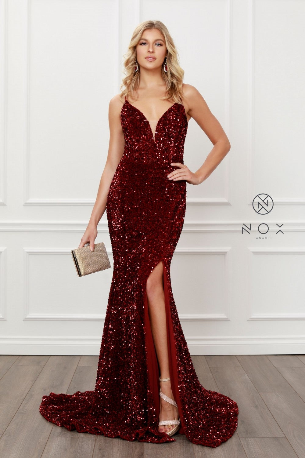 N R433 - Full Sequin Fit & Flare Prom Gown with V-Neck Open Corset Back & Leg Slit Prom Dress Nox 2 BURGUNDY 