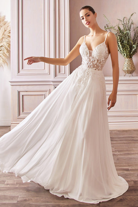 CD TY11 - A-Line Wedding Gown with Sheer Lace Embellished V-Neck Bodice & Flowy Chiffon Skirt Wedding Gown Cinderella Divine   