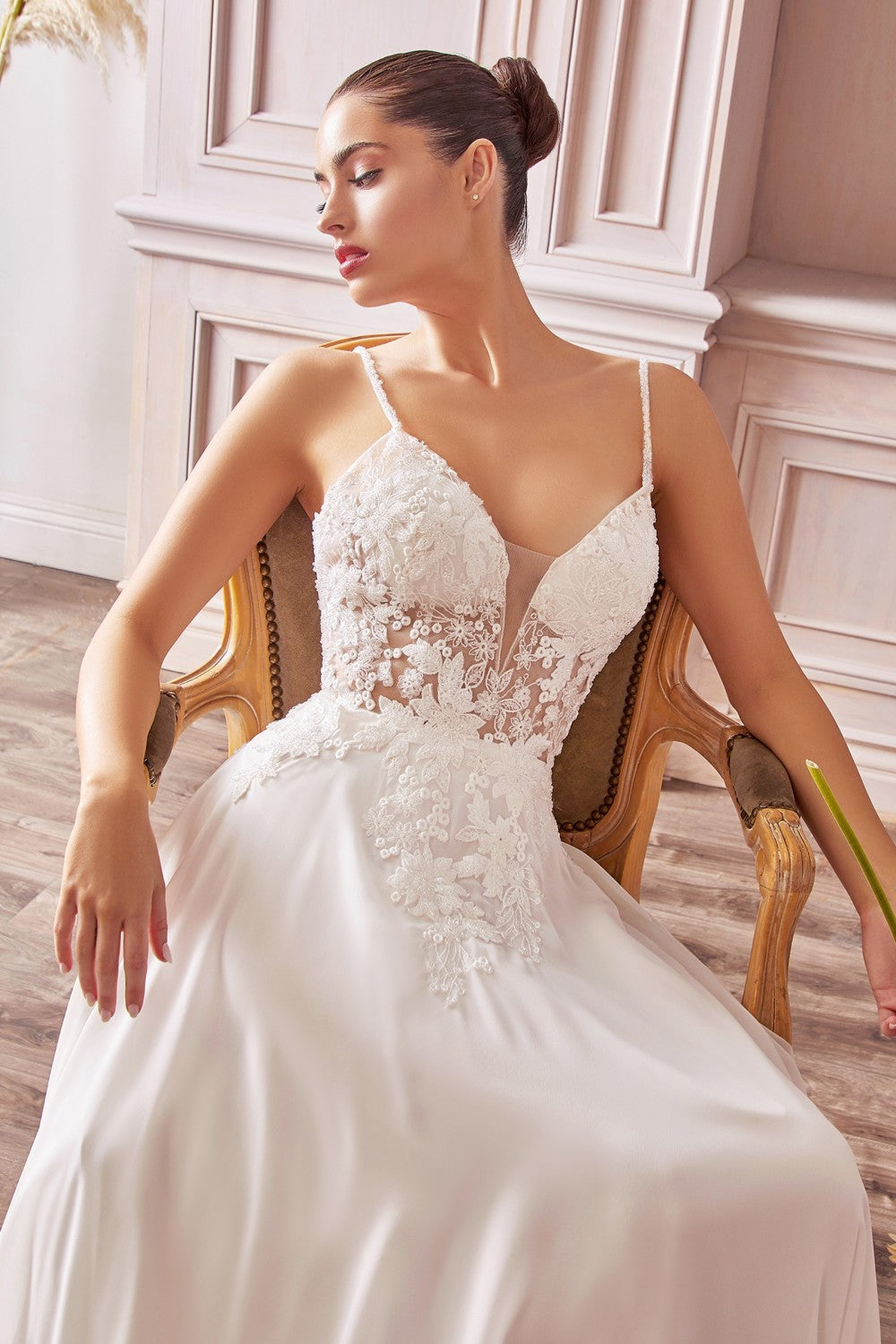 CD TY11 - A-Line Wedding Gown with Sheer Lace Embellished V-Neck