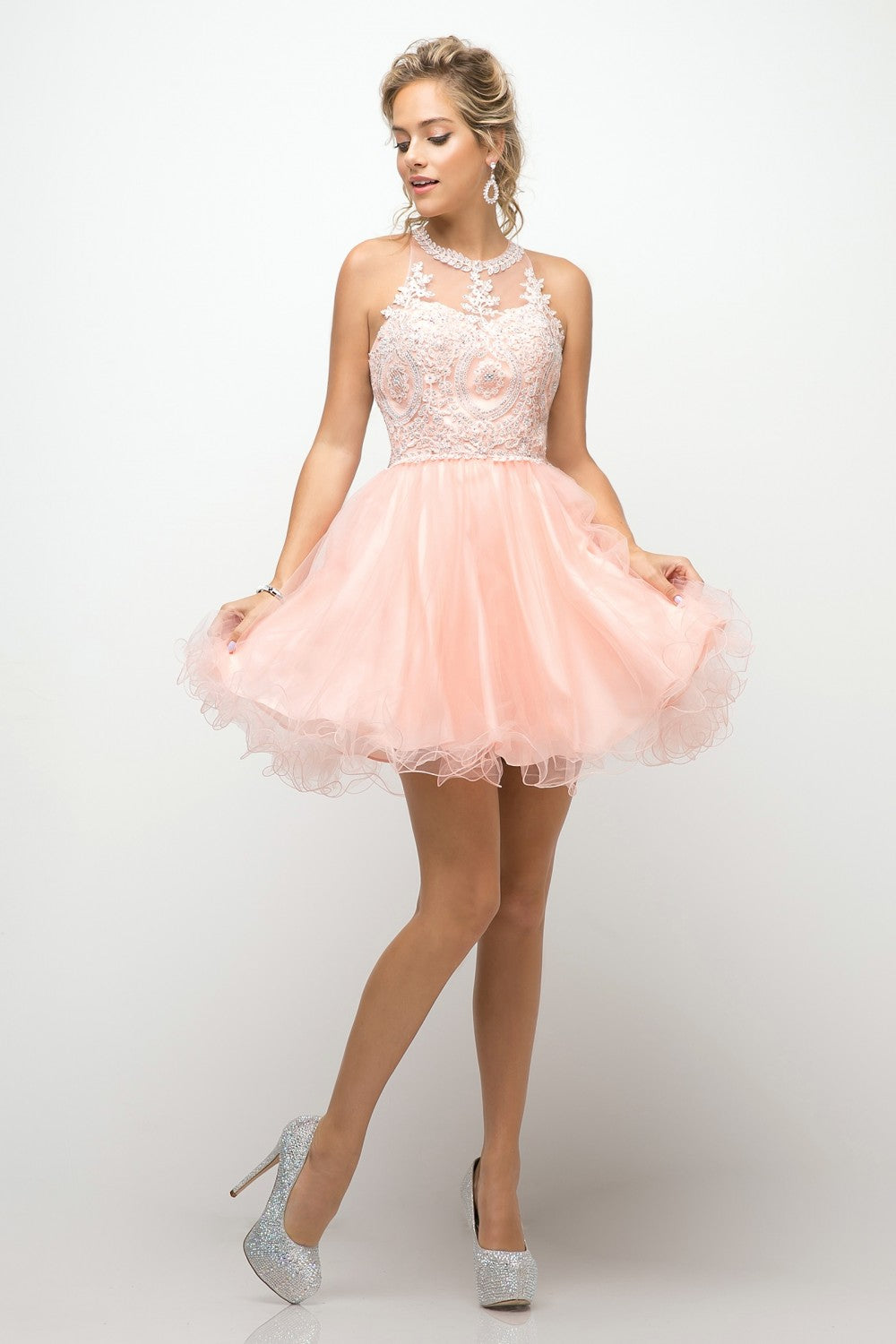 CD UJ0119 - Short A-Line Homecoming Dress with Lace Embroidered Top & Tulle Skirt Homecoming Cinderella Divine XS BLUSH 