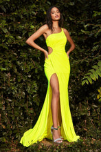 CD Y023 - One Shoulder Stretch Jersey Fit & Flare Prom Gown with Gathered Waist Leg Slit & Lace Up Corset Back Dresses Cinderella Divine 4 NEON GREEN 
