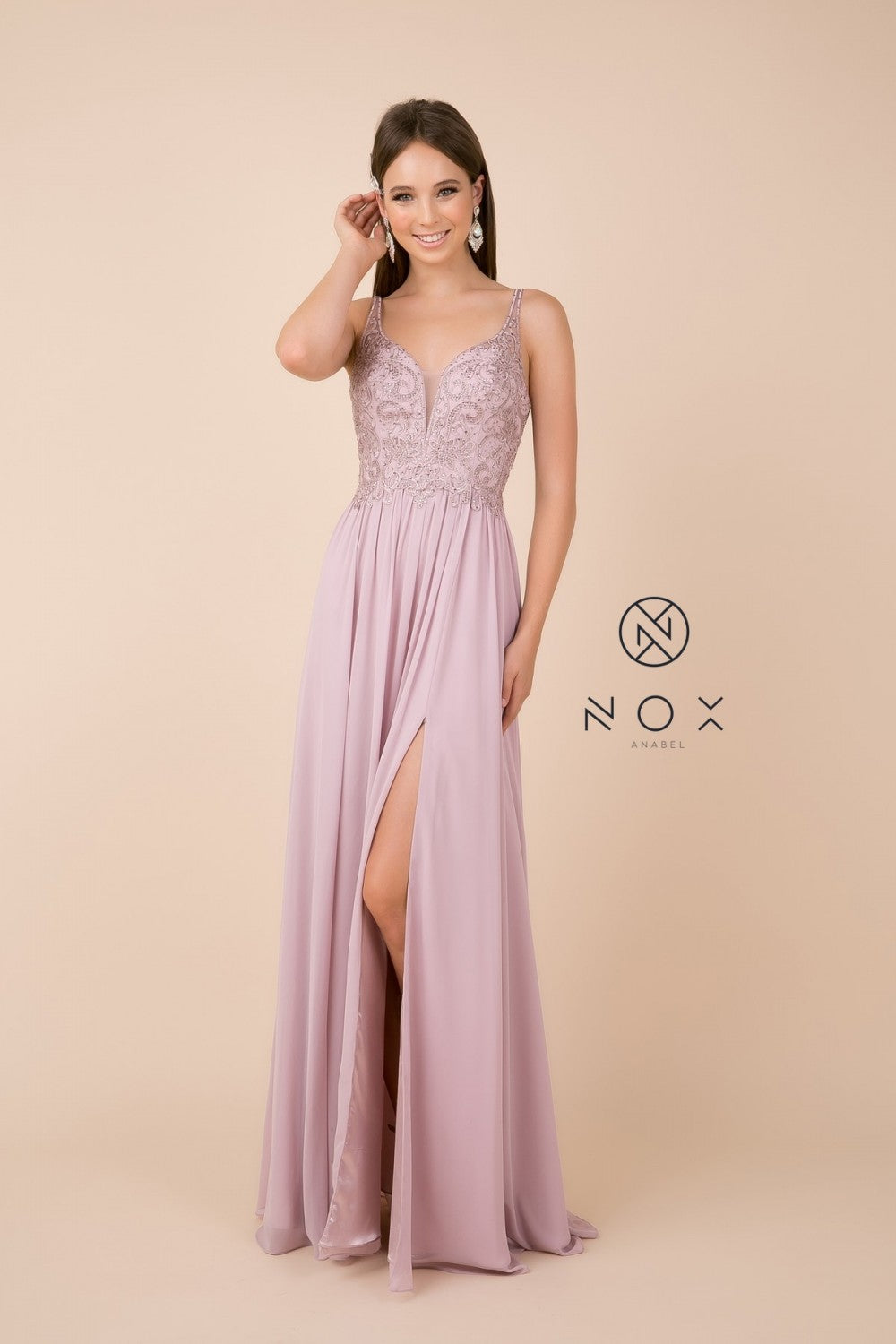 N Y299 - A-Line Prom Gown with Beaded Lace Bodice Leg Slit